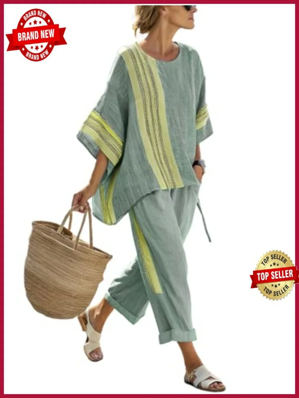Women's Cotton 2 Piece Lounge Set Striped Wide Leg Pants